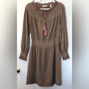 Lands' End Delicate Smocked Lightweight Flowing Crepe Khaki Blouson Dress 6